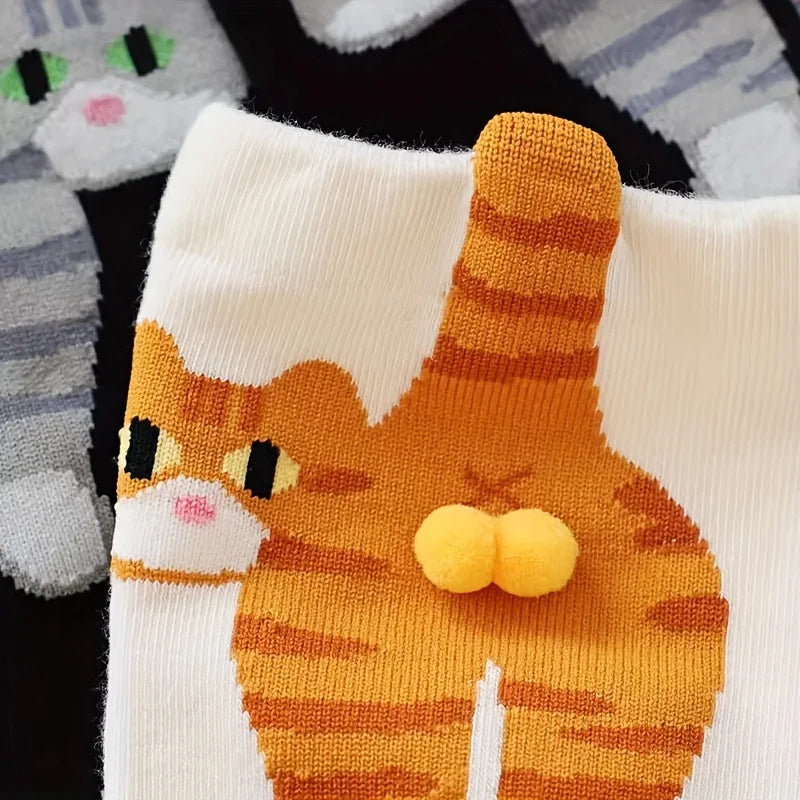 3D Cat Embroidered Crew Socks for Women & Girls – Cozy Cotton Mid-Tube Socks with Playful Cat Balls, Funny Sleep & Floor Socks for Cat Lovers