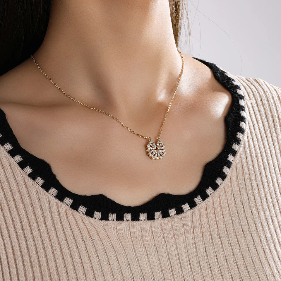 Heart-Shaped Four-Leaf Clover Pendant Necklace – 2-in-1 Magnetic Convertible Jewelry with Cubic Zirconia, Symbol of Love, Luck & Faith