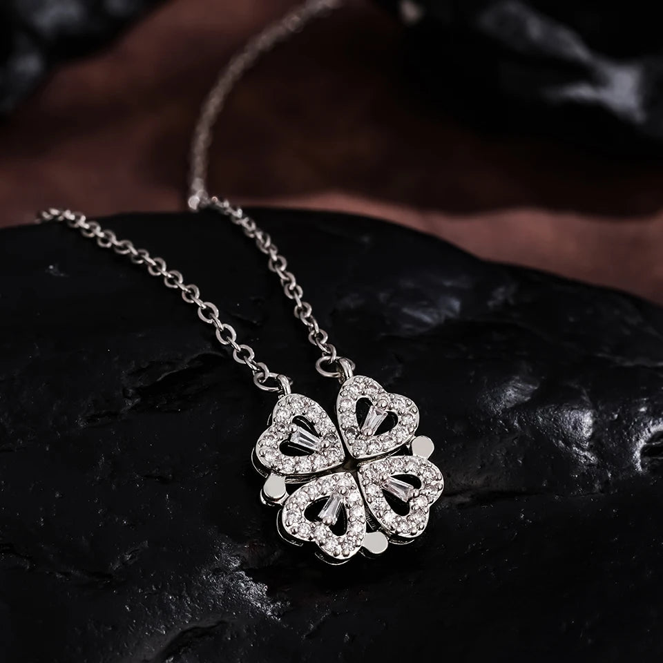 Heart-Shaped Four-Leaf Clover Pendant Necklace – 2-in-1 Magnetic Convertible Jewelry with Cubic Zirconia, Symbol of Love, Luck & Faith