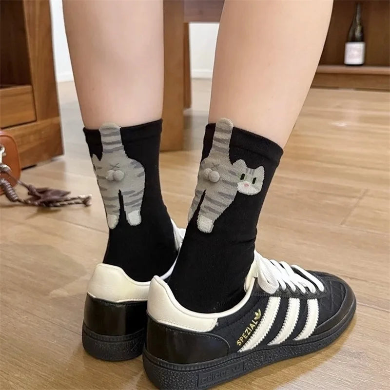 3D Cat Embroidered Crew Socks for Women & Girls – Cozy Cotton Mid-Tube Socks with Playful Cat Balls, Funny Sleep & Floor Socks for Cat Lovers