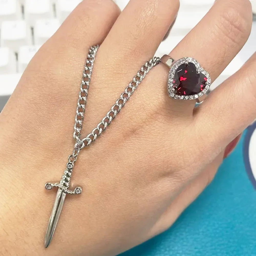 18k Gold Plated Stainless Steel Heart And Sword Necklace for Couples with Zircon Crystal Ring Bracelet Jewelry Set Fashionable Couple Accessories