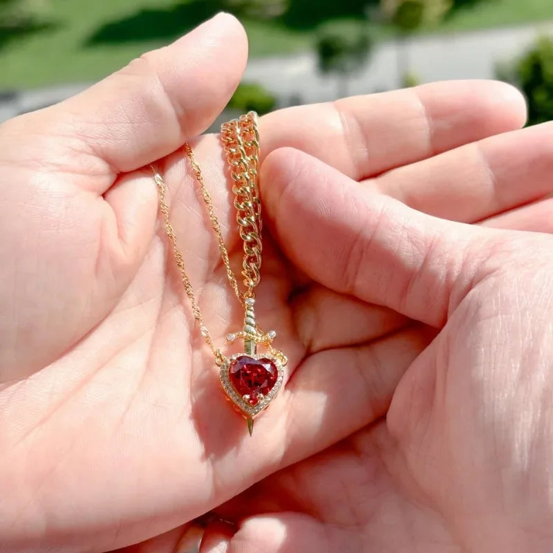 18k Gold Plated Stainless Steel Heart And Sword Necklace for Couples with Zircon Crystal Ring Bracelet Jewelry Set Fashionable Couple Accessories