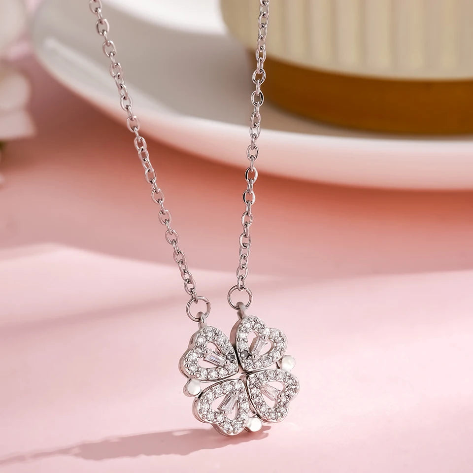Heart-Shaped Four-Leaf Clover Pendant Necklace – 2-in-1 Magnetic Convertible Jewelry with Cubic Zirconia, Symbol of Love, Luck & Faith
