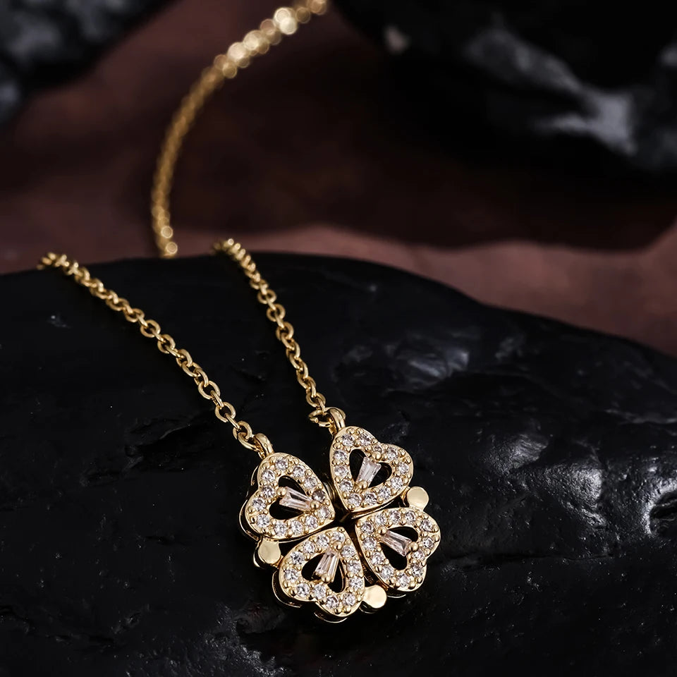 Heart-Shaped Four-Leaf Clover Pendant Necklace – 2-in-1 Magnetic Convertible Jewelry with Cubic Zirconia, Symbol of Love, Luck & Faith