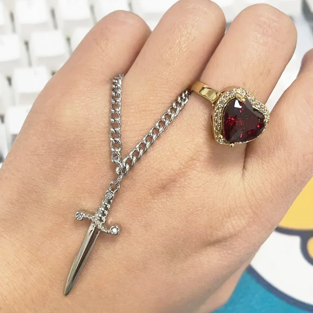 18k Gold Plated Stainless Steel Heart And Sword Necklace for Couples with Zircon Crystal Ring Bracelet Jewelry Set Fashionable Couple Accessories