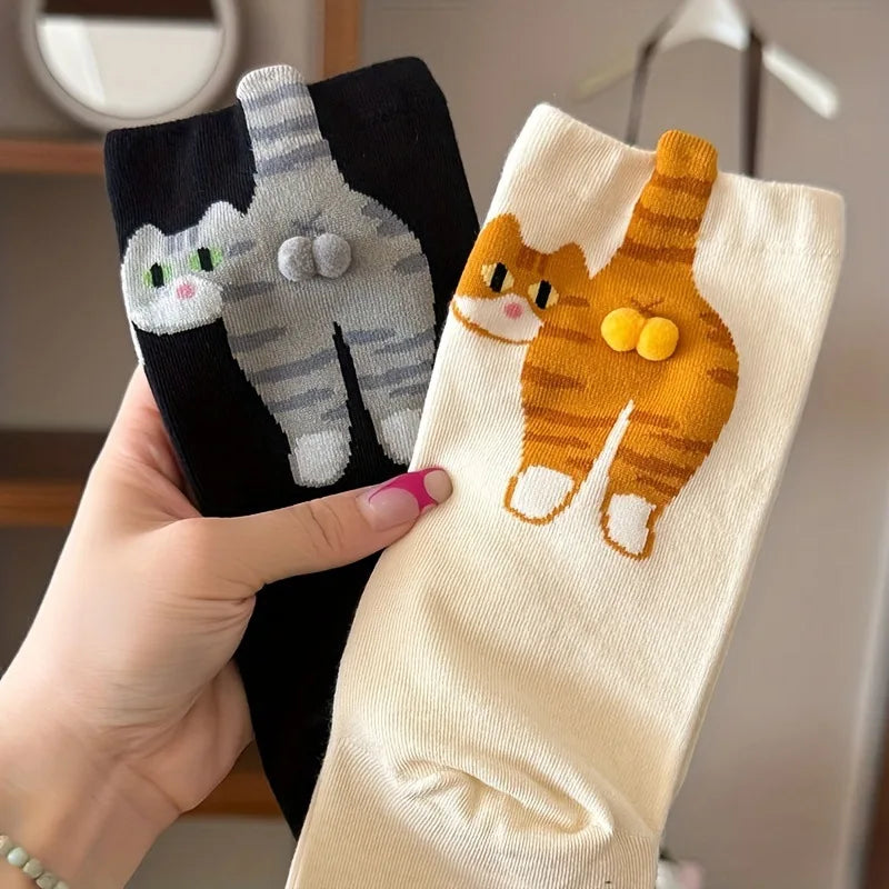 3D Cat Embroidered Crew Socks for Women & Girls – Cozy Cotton Mid-Tube Socks with Playful Cat Balls, Funny Sleep & Floor Socks for Cat Lovers
