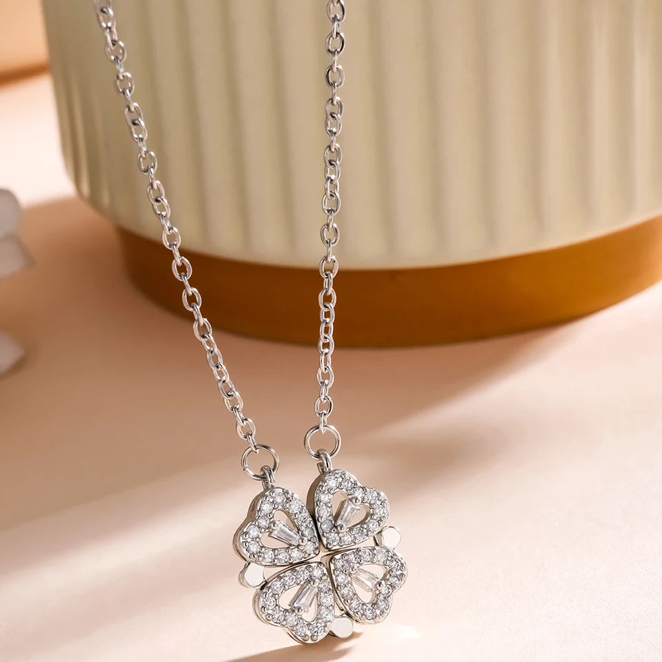 Heart-Shaped Four-Leaf Clover Pendant Necklace – 2-in-1 Magnetic Convertible Jewelry with Cubic Zirconia, Symbol of Love, Luck & Faith