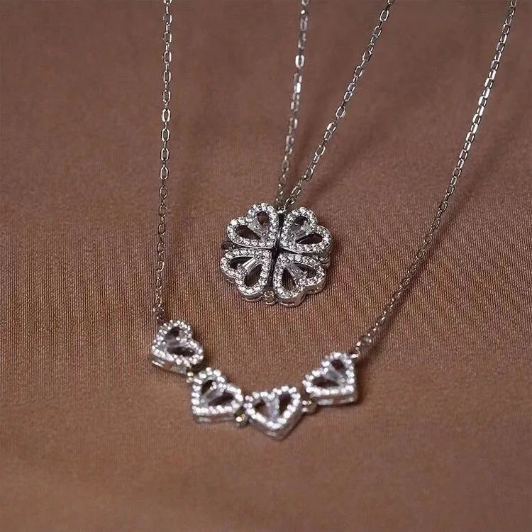 Heart-Shaped Four-Leaf Clover Pendant Necklace – 2-in-1 Magnetic Convertible Jewelry with Cubic Zirconia, Symbol of Love, Luck & Faith
